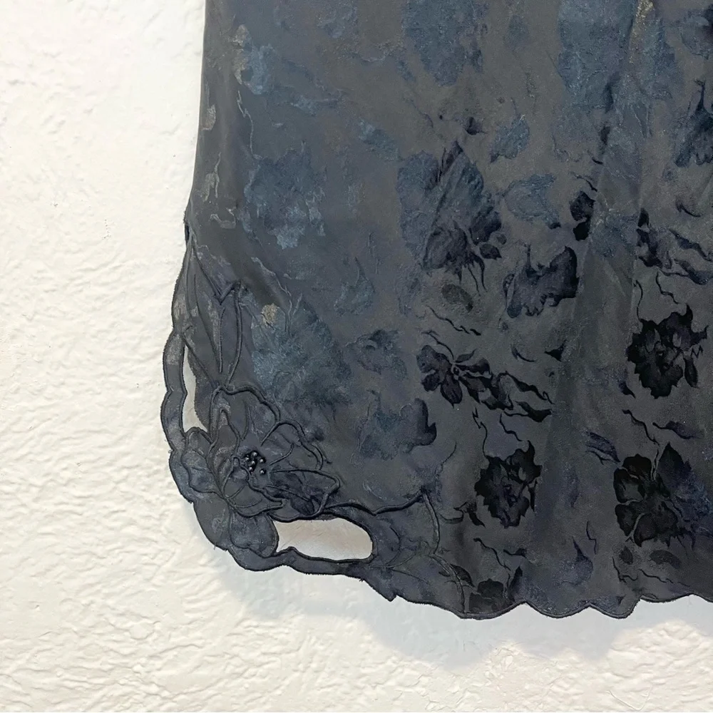 Vintage Half Slip Skirt Black Satin Floral Embroidered Beaded Goth Whimsigoth S